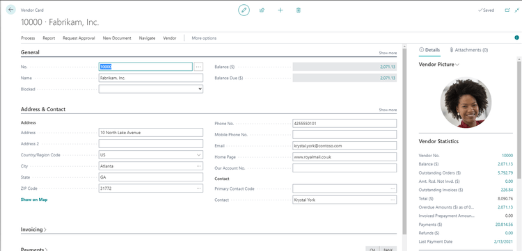 A vendor card interface in Business Central an ERP with vendor management system