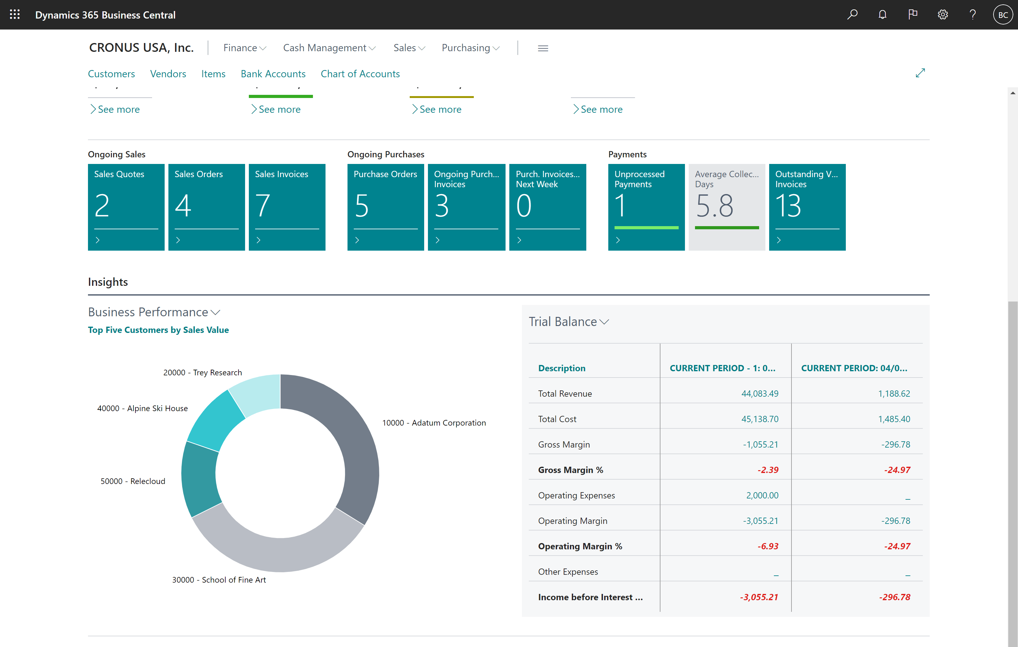 Business Central interface and Business Insights