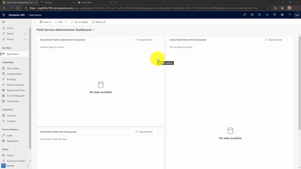 GIF showing how to open Advanced Settings in Field Service to set up entities