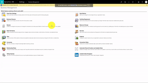 GIF showing how to access the Customizations options in the Advanced Settings of Microsoft Dynamics 365 Field Service